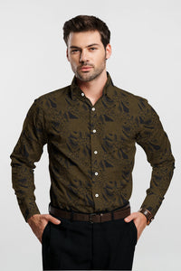 Carob Brown and Stratos Blue Jacquard Abstract Pattern Printed Two Toned Egyptian Giza Cotton Shirt