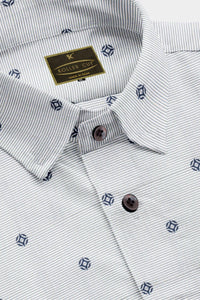 Quartz White with Olive Pinstriped Denim Blue Buti Patterned Printed Cotton Shirt