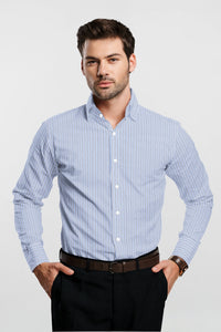 White with Allure Blue and Black Stripes Cotton Shirt