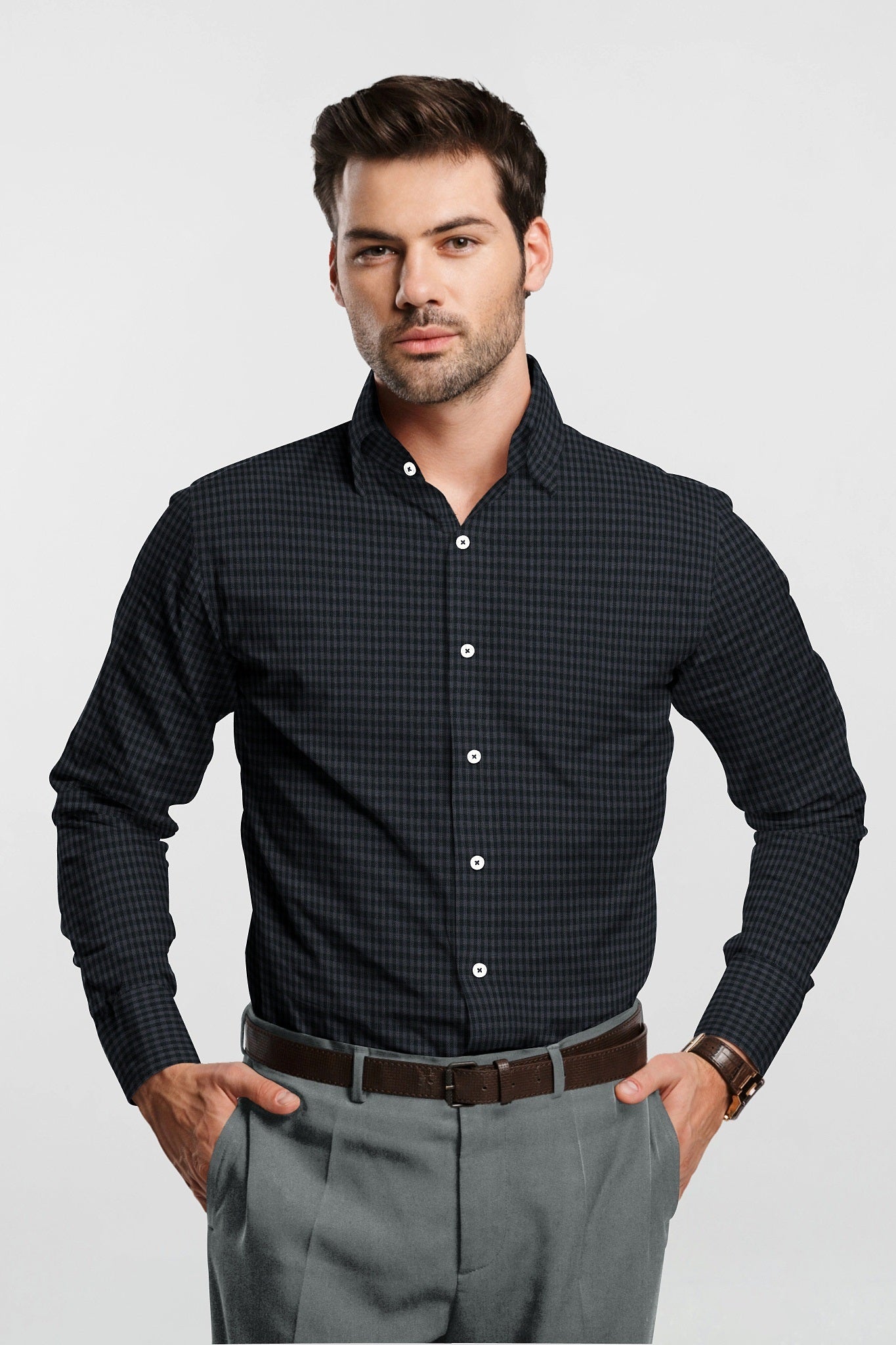 Rhino Gray and Black Checks Cotton Shirt