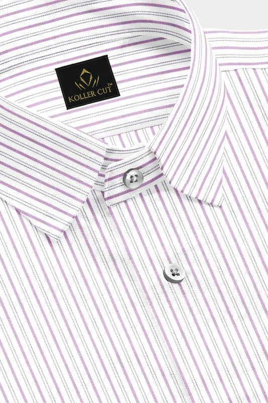 White and Mauve Purple Multitrack Stripes Cotton Shirt