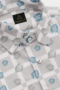 Glacier Gray with Sapphire Blue and White Checks Leaves Printed Cotton Shirt