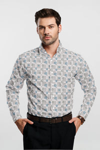 Glacier Gray with Sapphire Blue and White Checks Leaves Printed Cotton Shirt