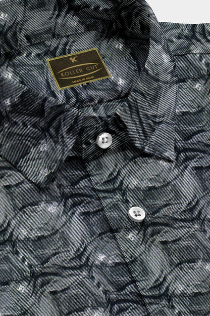 Black and Grey Abstract Pattern Printed Cavalry Twill Men's Cotton Shirt