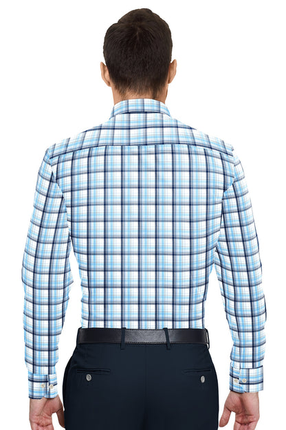 Kollercut - White with Poseidon Blue and Aquarius Blue Men's Checks Formal Cotton Shirt