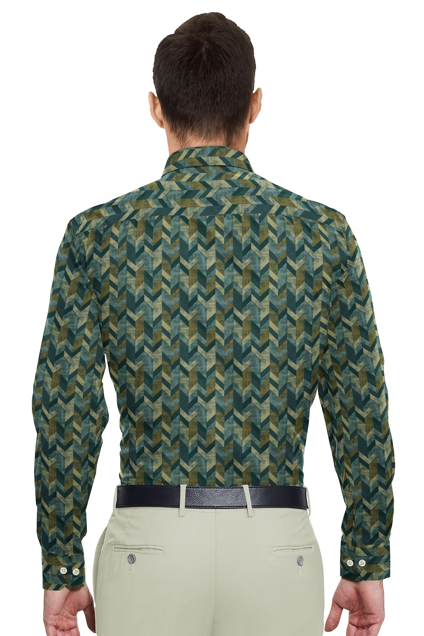 Beige and Phthalo Green Chevron Stripes Printed Cotton Shirt
