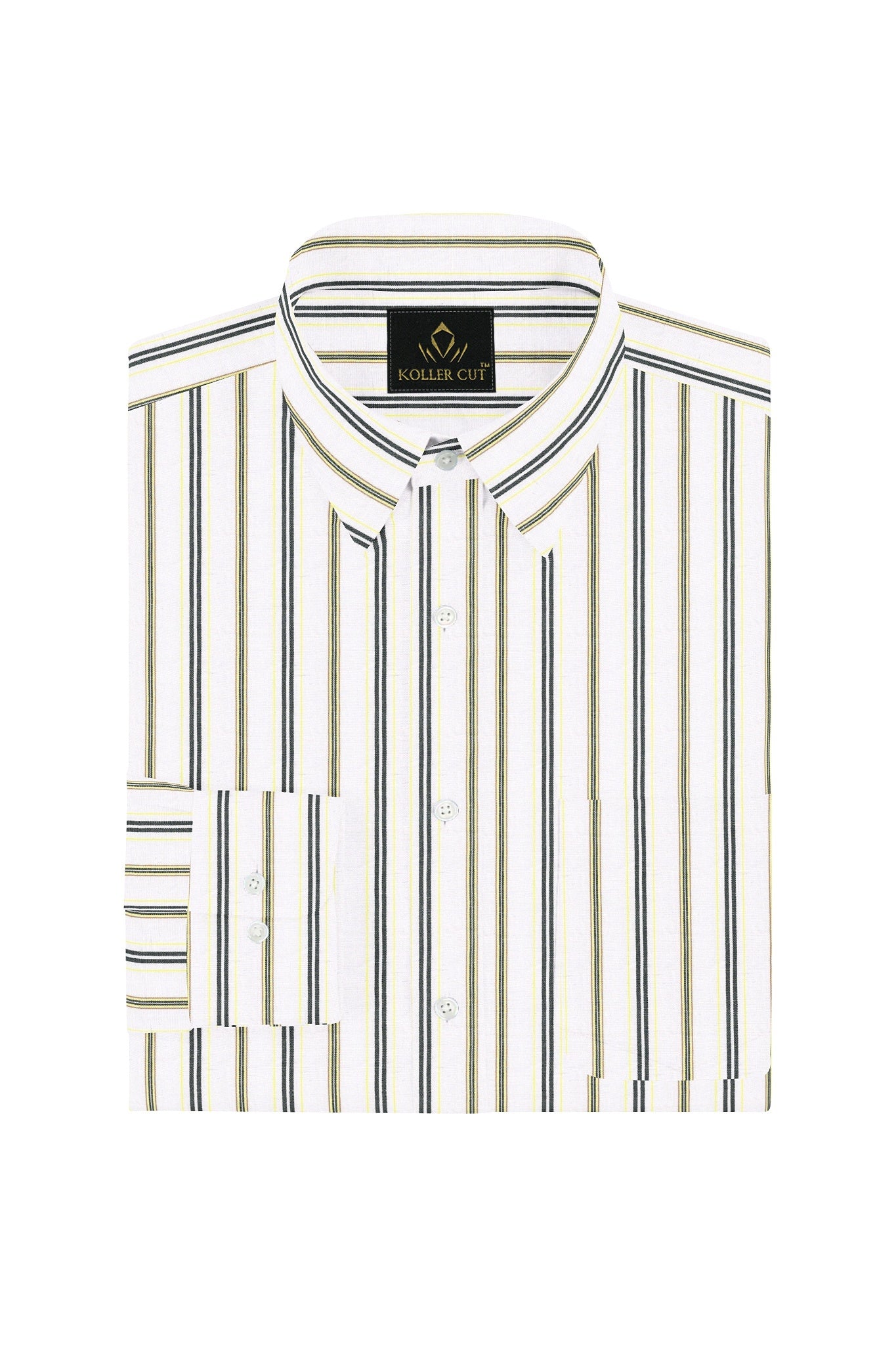 White with Verbena Lemon Yellow and Black Hairline Stripes Giza Cotton Shirt