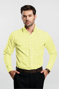 Elfin Yellow with Snorkel Blue and Black Jacquard Windowpane Checks Premium Cotton Shirt