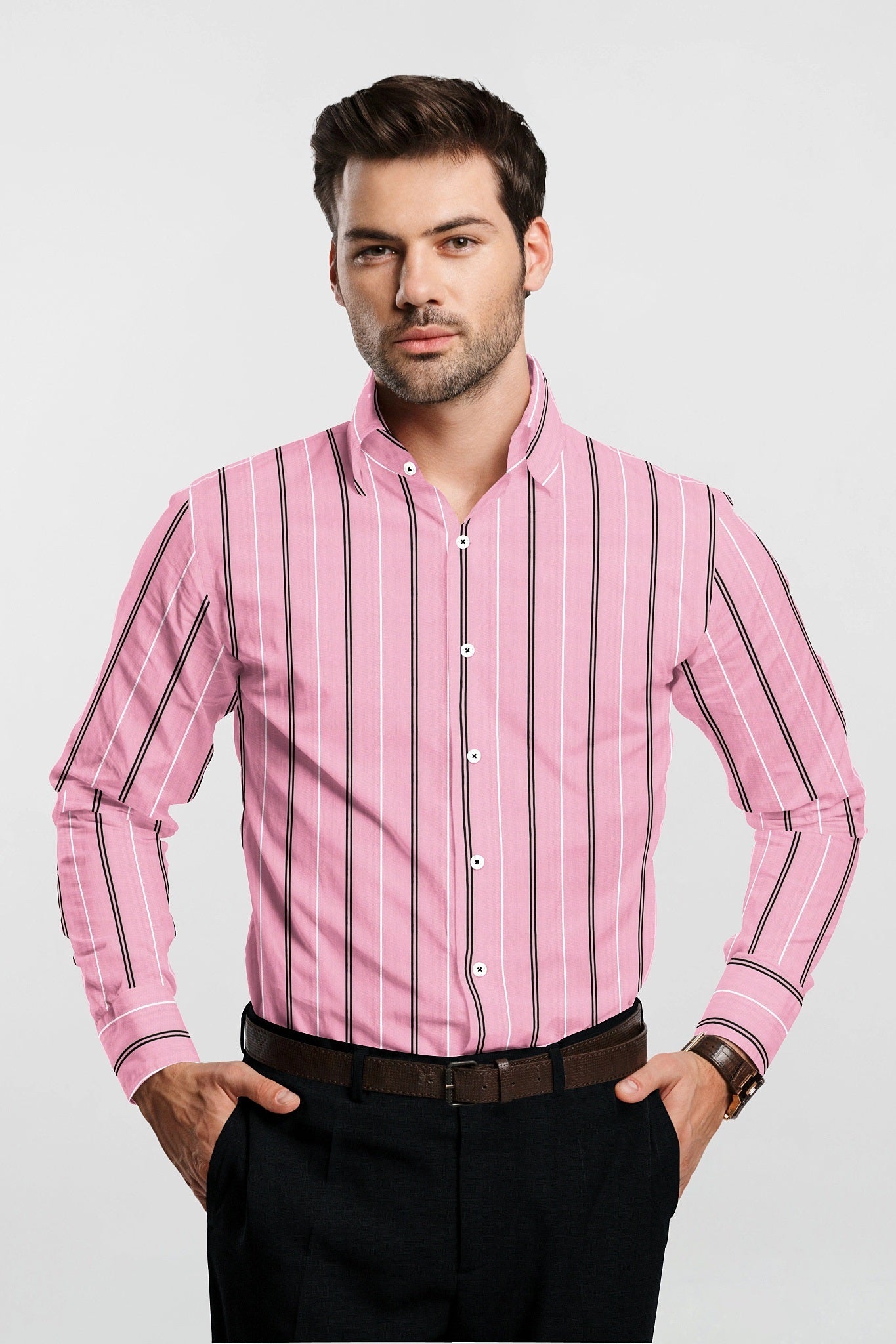 Geranium Pink with Black and White Stripes Cotton Shirt