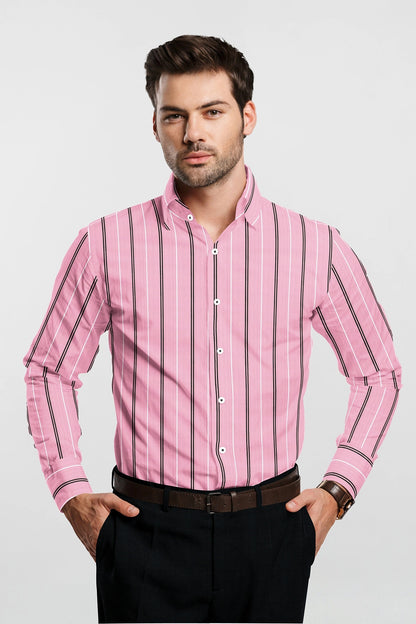 Geranium Pink with Black and White Stripes Cotton Shirt