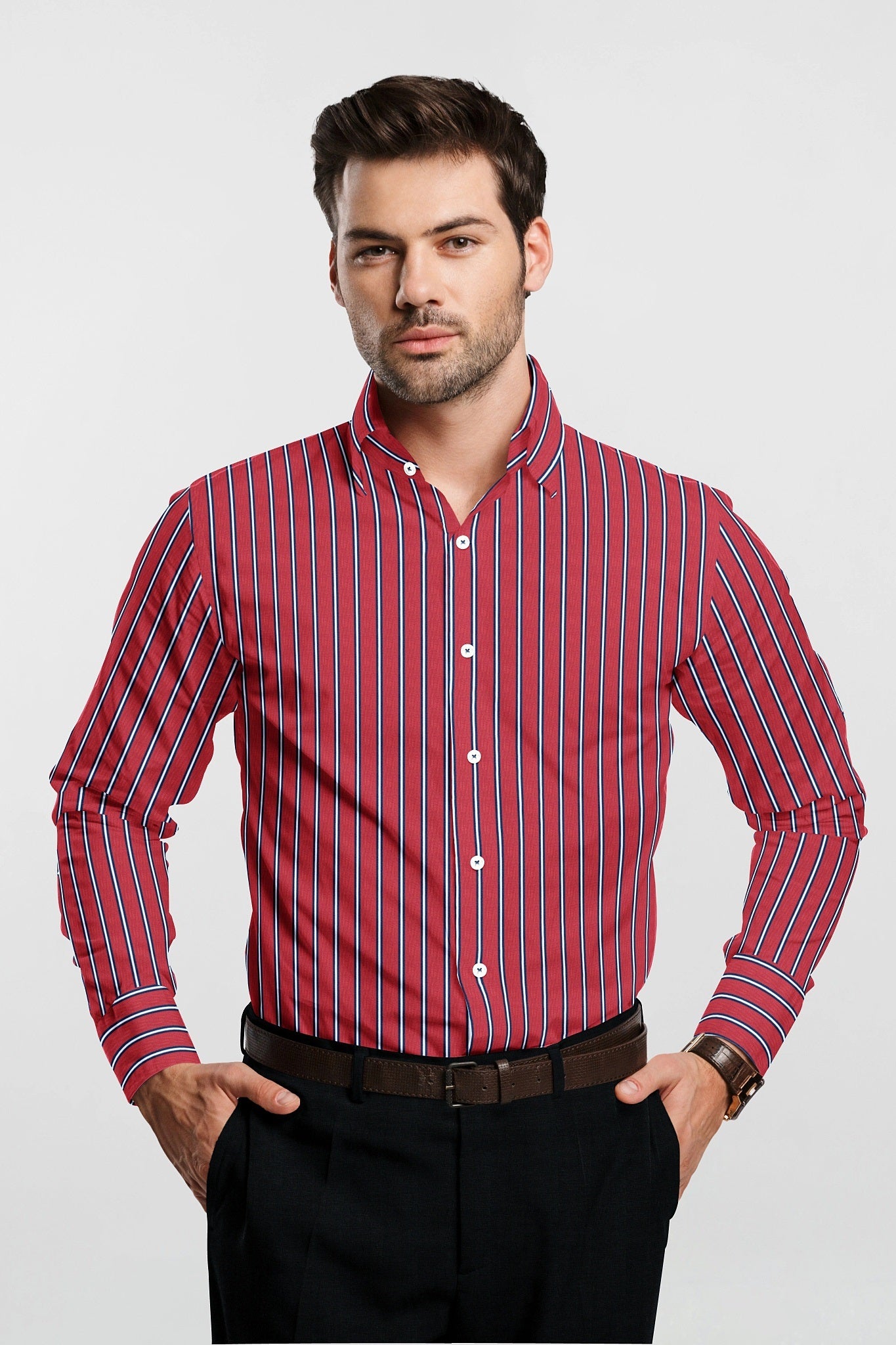 Baroque Rose Red with Peony Blue and White Stripes Cotton Shirt