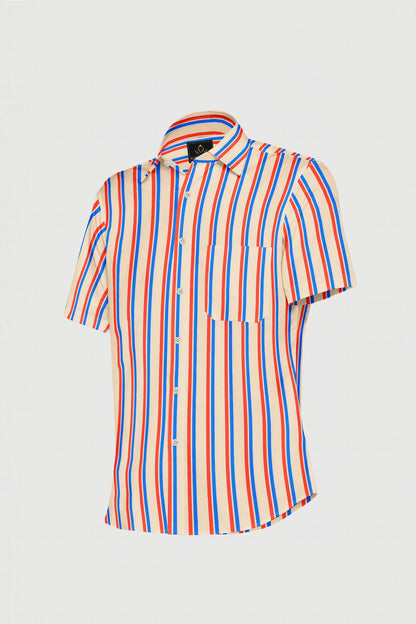 Beige with Baleine blue and Poinciana Orange Stripes Cotton Shirt