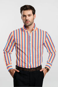 Beige with Baleine blue and Poinciana Orange Stripes Cotton Shirt