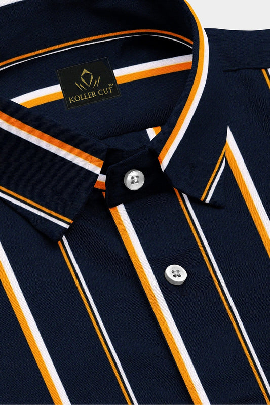 Midnight Blue with Turmeric Yellow and White Stripes Cotton Shirt