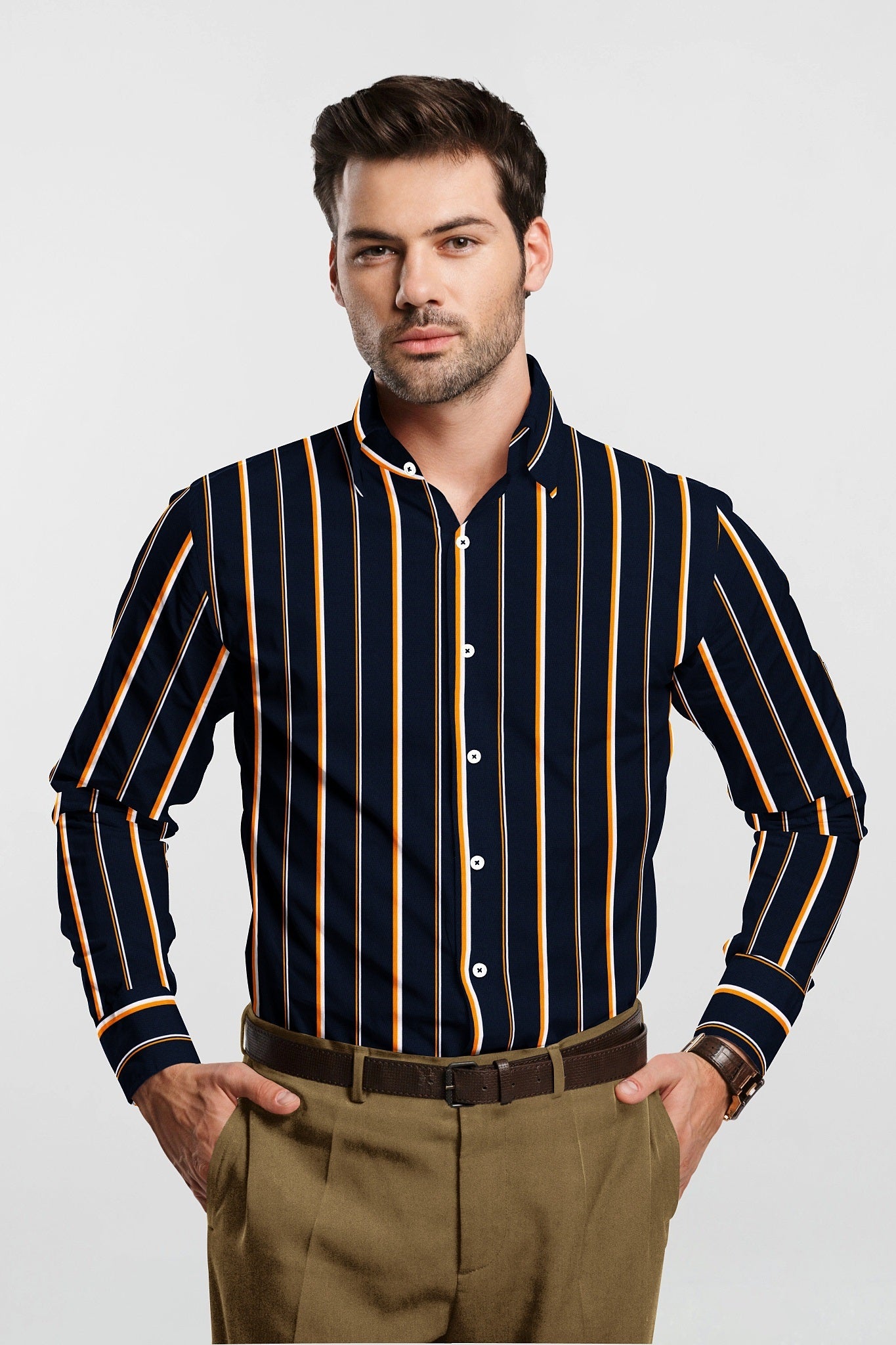 Midnight Blue with Turmeric Yellow and White Stripes Cotton Shirt
