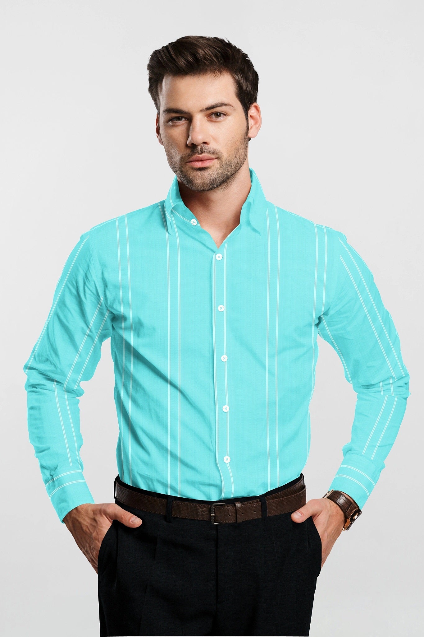 Aruba Blue and White Wide Stripes Cotton Shirt