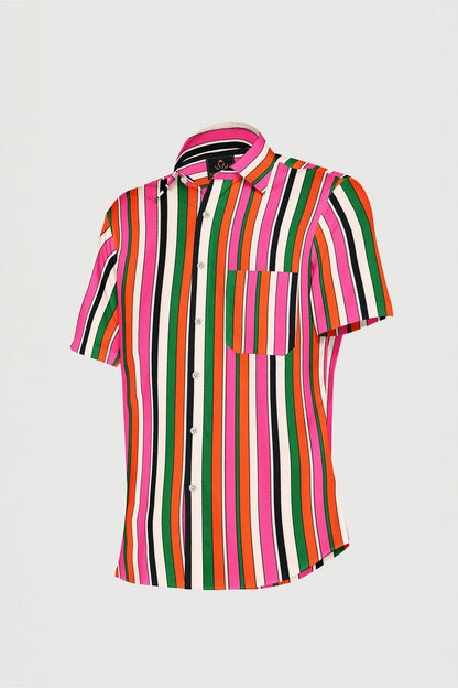 White with Azalea pink and Tiger Orange Multicolored Stripes Cotton Shirt