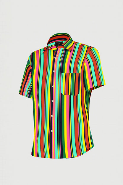 Celeste Blue with Poinciana Red and Kelly Green Multicolored Stripes Cotton Shirt