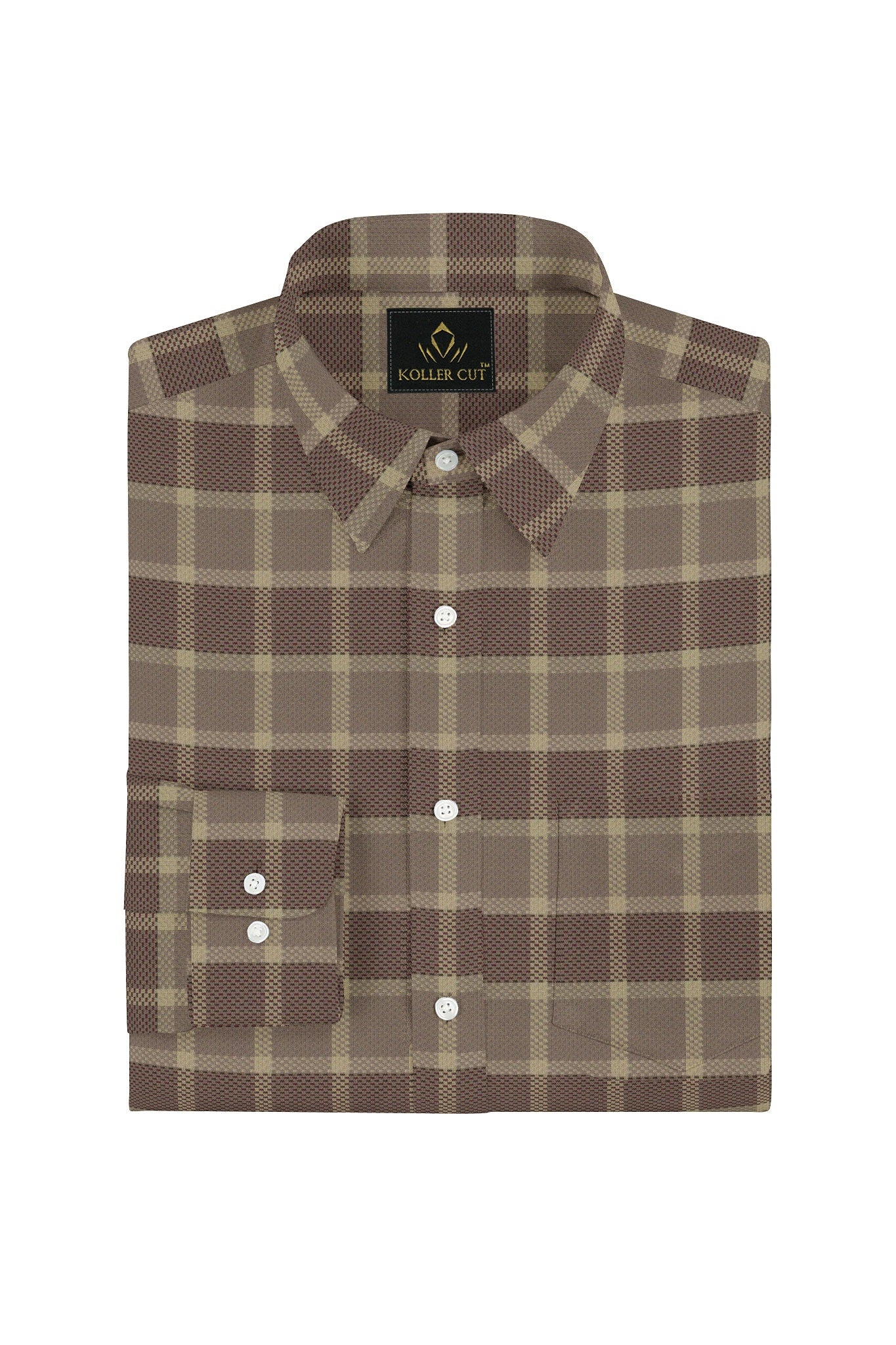 Sesame Brown with Gilded Beige and Cinnamon Red Jacquard Checks Egyptian Giza Cotton Shirt