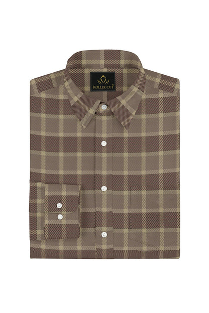 Sesame Brown with Gilded Beige and Cinnamon Red Jacquard Checks Egyptian Giza Cotton Shirt