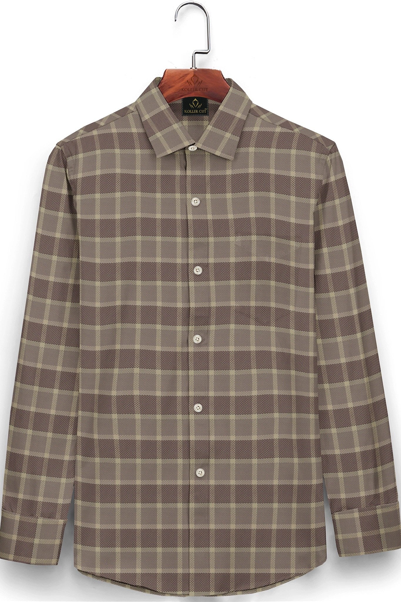 Sesame Brown with Gilded Beige and Cinnamon Red Jacquard Checks Egyptian Giza Cotton Shirt