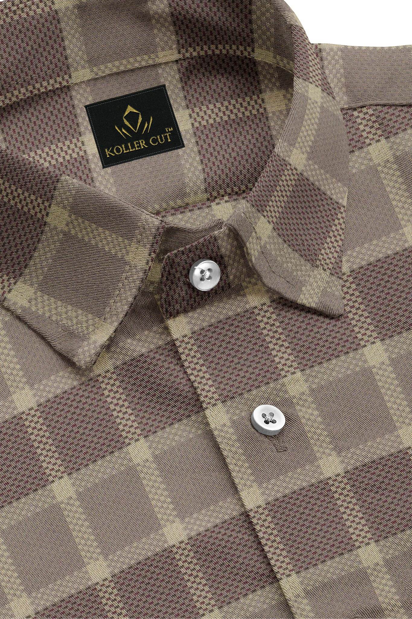 Sesame Brown with Gilded Beige and Cinnamon Red Jacquard Checks Egyptian Giza Cotton Shirt