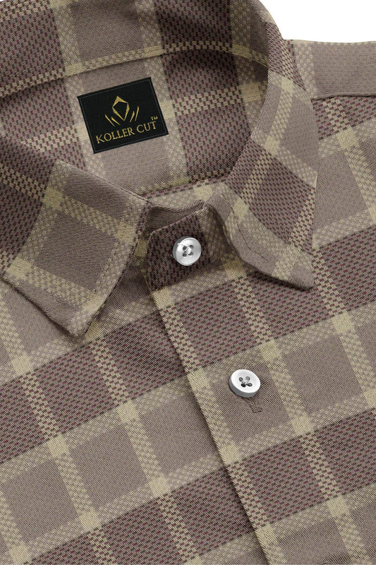 Sesame Brown with Gilded Beige and Cinnamon Red Jacquard Checks Egyptian Giza Cotton Shirt