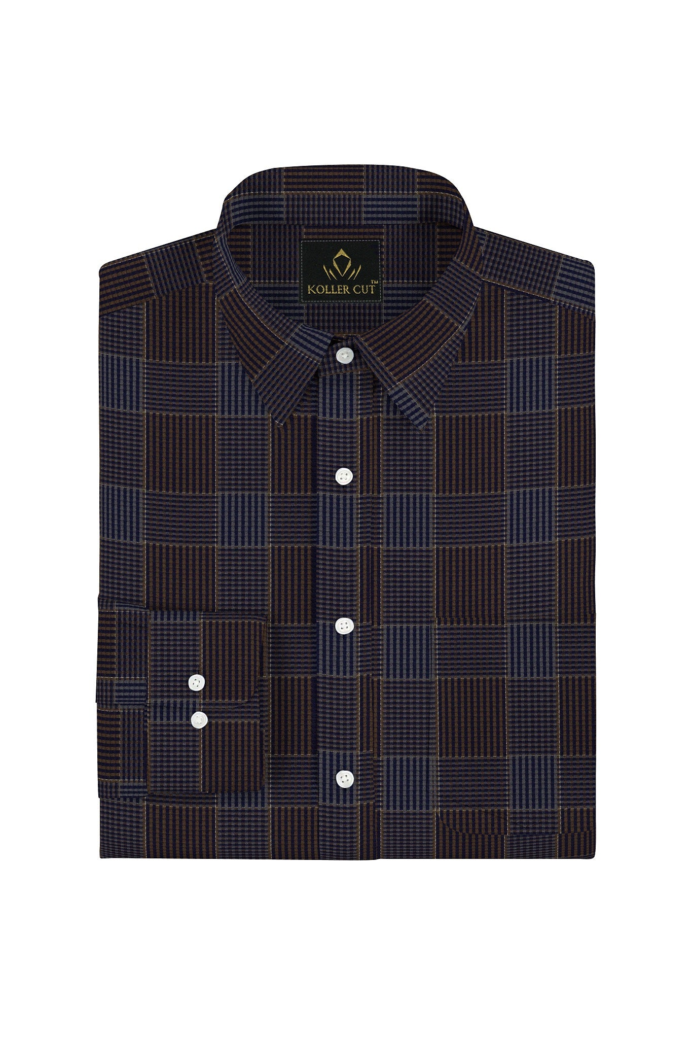 Mykonos Blue and Tiramisu Brown Jacquard Checks Premium Egyptian Giza Cotton Shirt