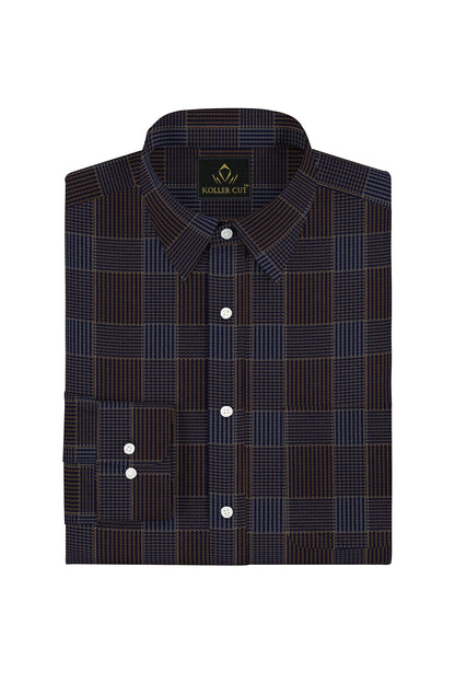 Mykonos Blue and Tiramisu Brown Jacquard Checks Premium Egyptian Giza Cotton Shirt