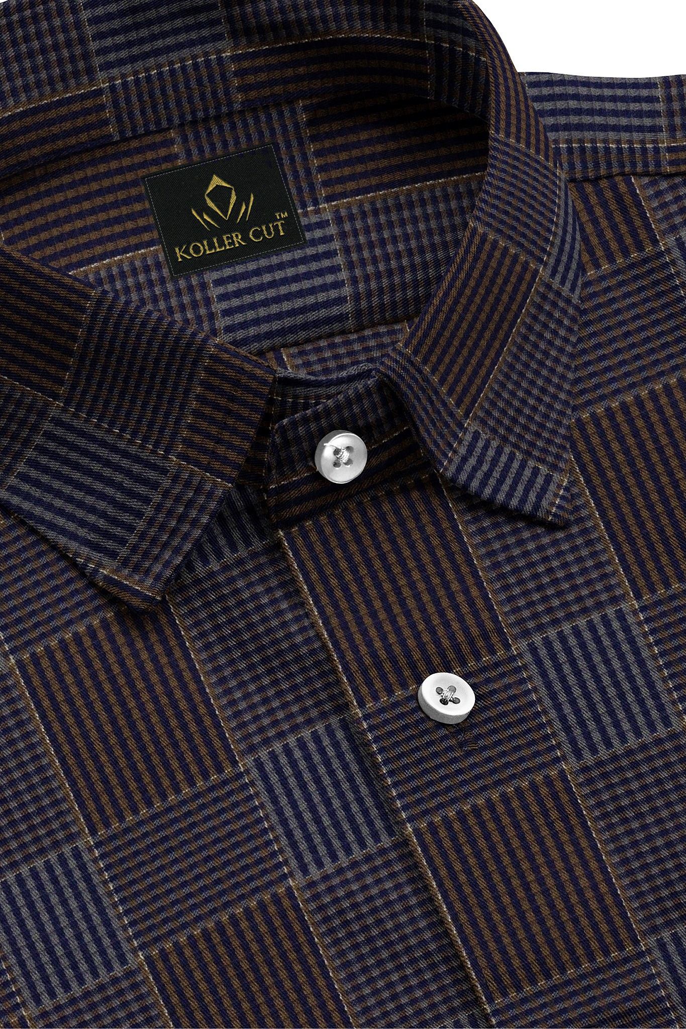 Mykonos Blue and Tiramisu Brown Jacquard Checks Premium Egyptian Giza Cotton Shirt