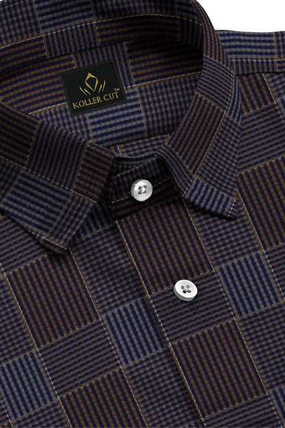 Mykonos Blue and Tiramisu Brown Jacquard Checks Premium Egyptian Giza Cotton Shirt