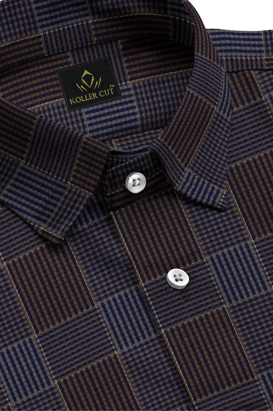 Mykonos Blue and Tiramisu Brown Jacquard Checks Premium Egyptian Giza Cotton Shirt