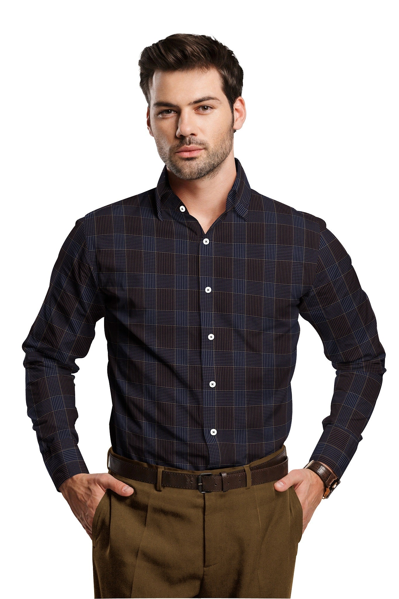 Mykonos Blue and Tiramisu Brown Jacquard Checks Premium Egyptian Giza Cotton Shirt