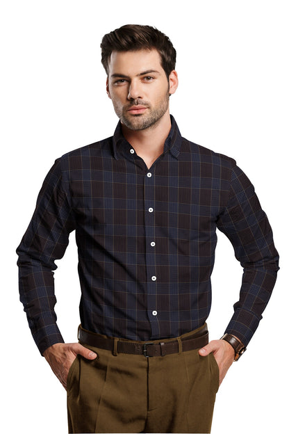 Mykonos Blue and Tiramisu Brown Jacquard Checks Premium Egyptian Giza Cotton Shirt