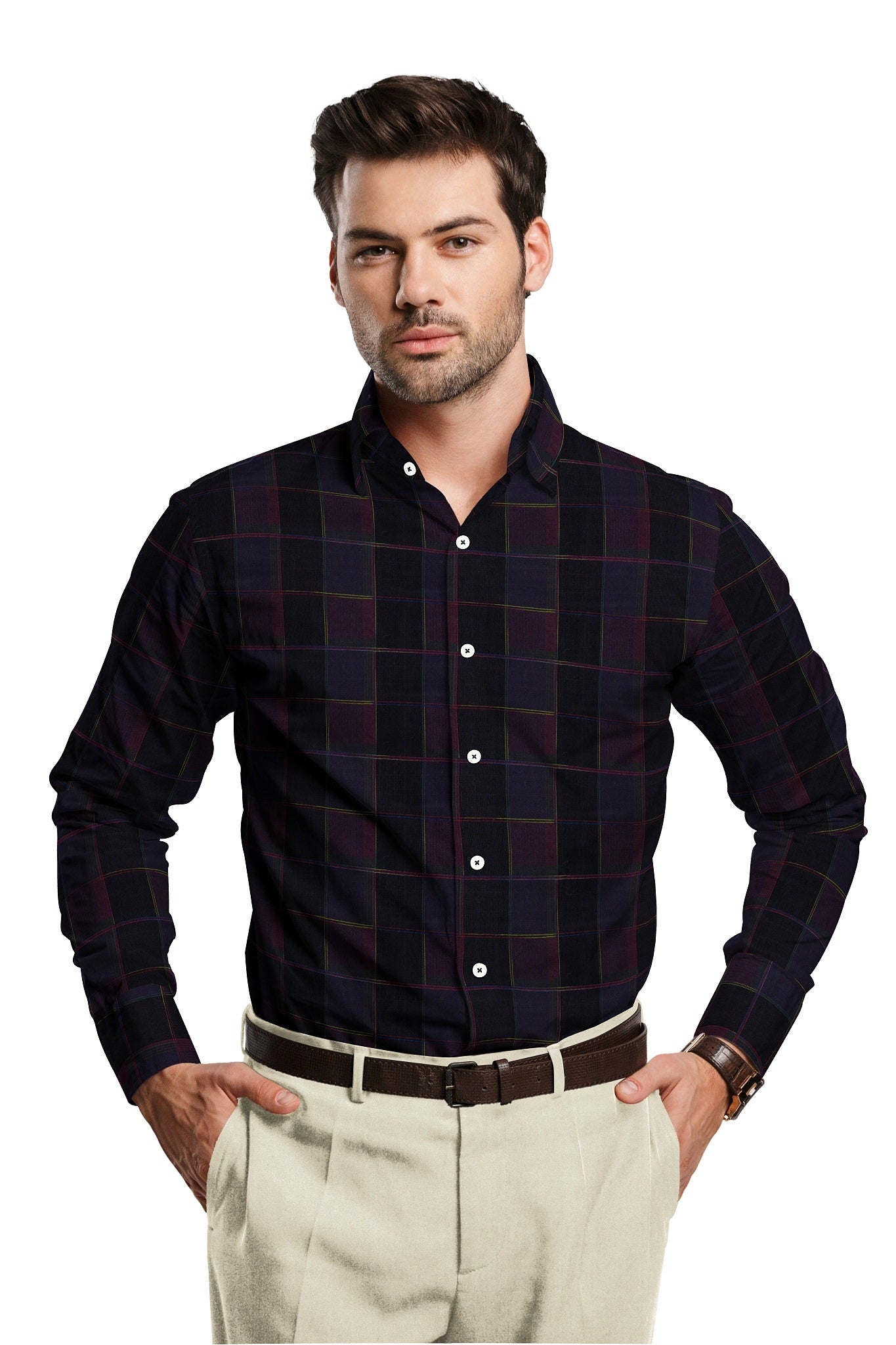 Jade Black with Tillandsia Purple and Rhubarb Red Jacquard Premium Check Giza Cotton Shirt