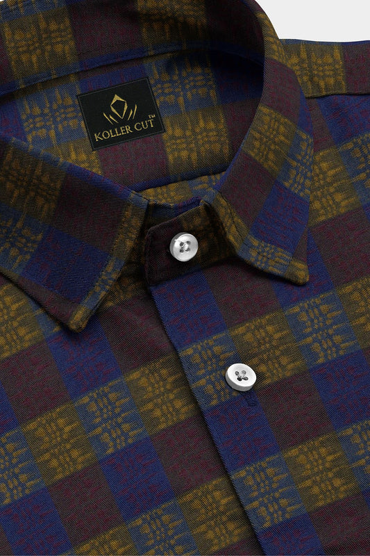 Shitake Brown with Baleine Blue and Ochre Yellow Checks Egyptian Giza The Stiff Collar Cotton Shirt