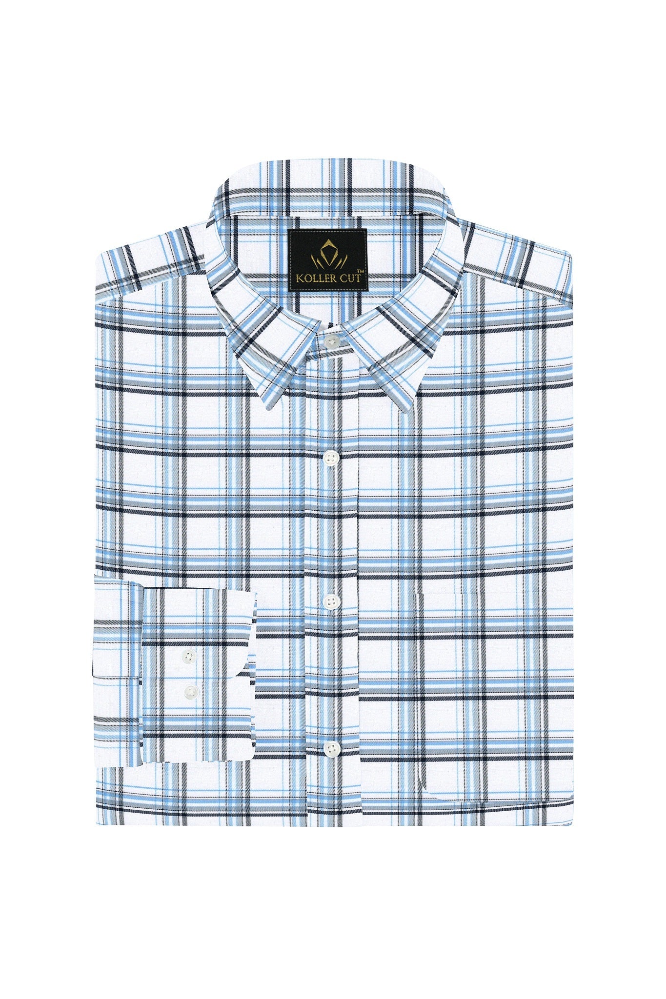 White with Ethereal blue and Black Checks Cotton Shirt