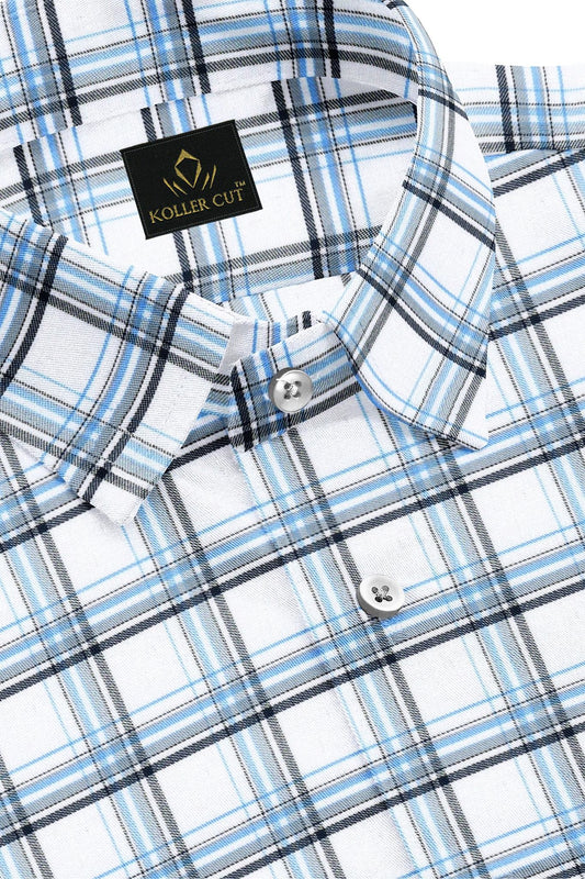 White with Ethereal blue and Black Checks Cotton Shirt