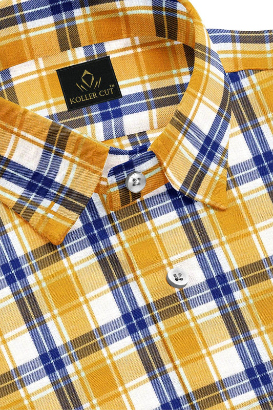 White with Zinnia Yellow and Limoges Blue Checks Cotton Shirt