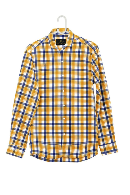 White with Zinnia Yellow and Limoges Blue Checks Cotton Shirt