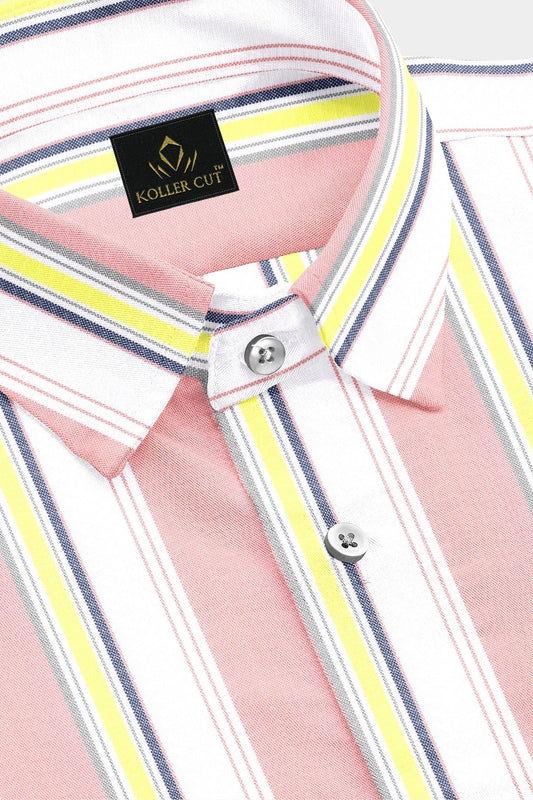 Gossamer Pink with White and Cobalt Blue Stripes Cotton Shirt