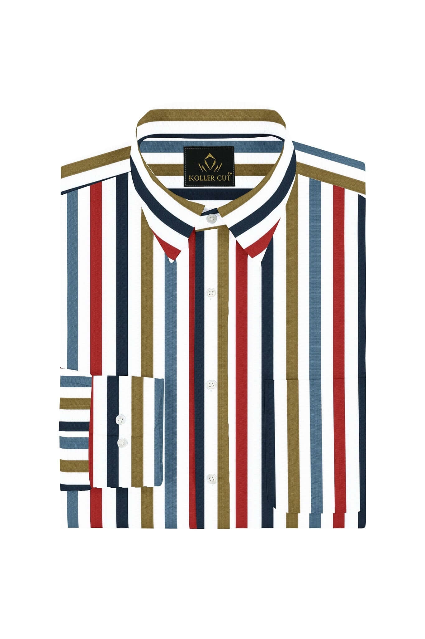 White with Haute Red and Mallard Blue Multicolored Stripes Cotton Shirt