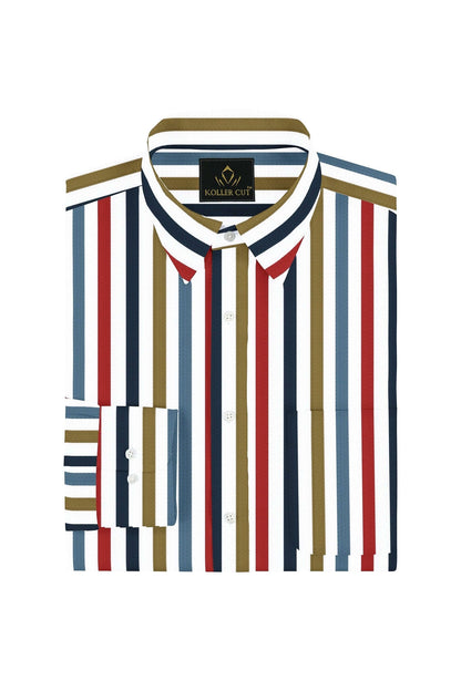 White with Haute Red and Mallard Blue Multicolored Stripes Cotton Shirt