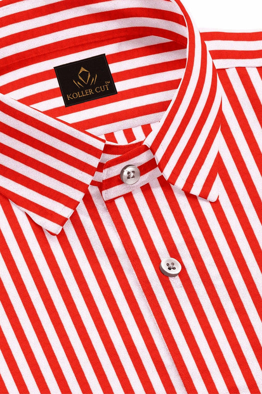 White and Crimson Red Candy Stripes Cotton Shirt