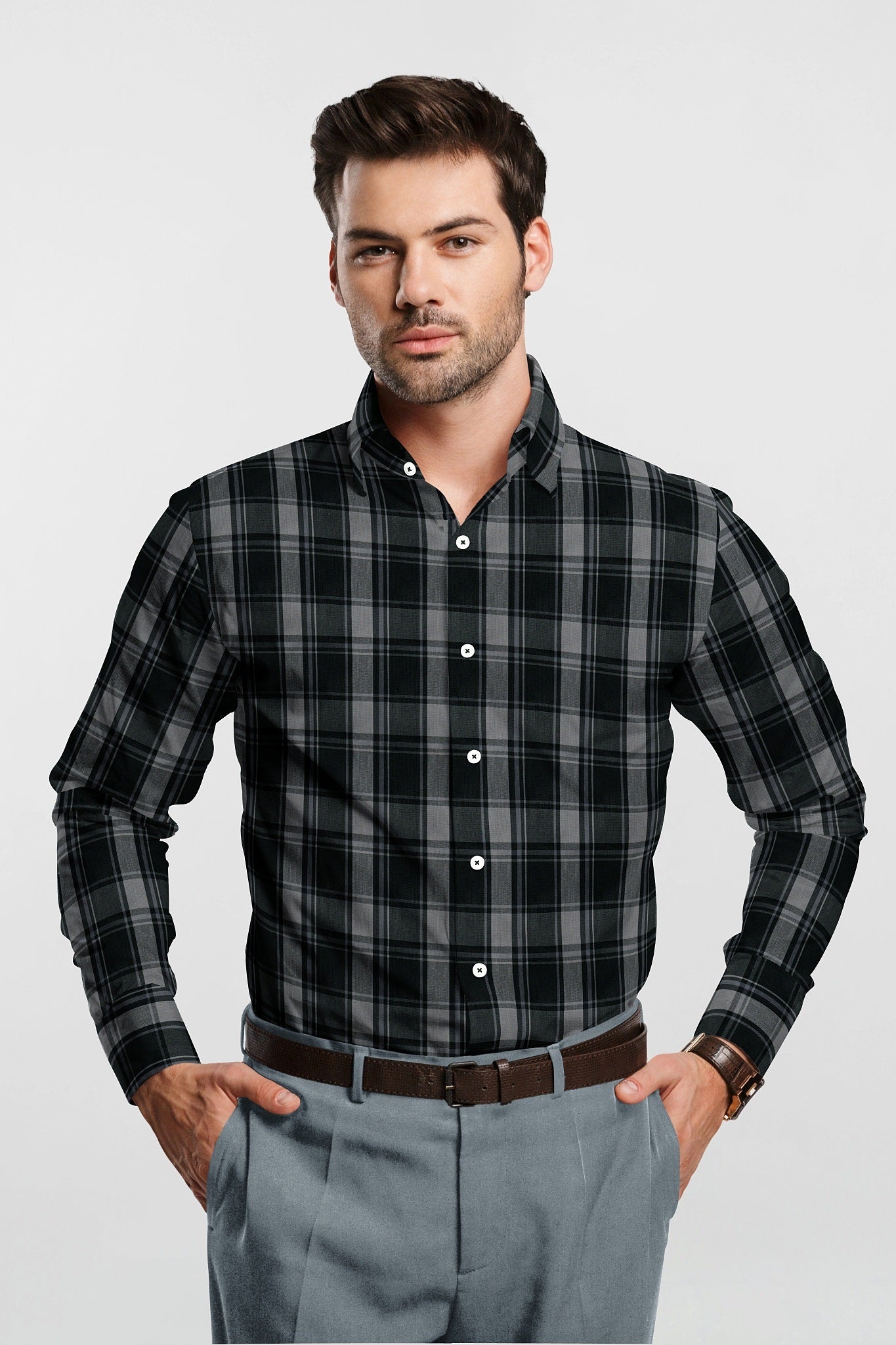 Jade Black and Quartz Grey Plaid Cotton Shirt