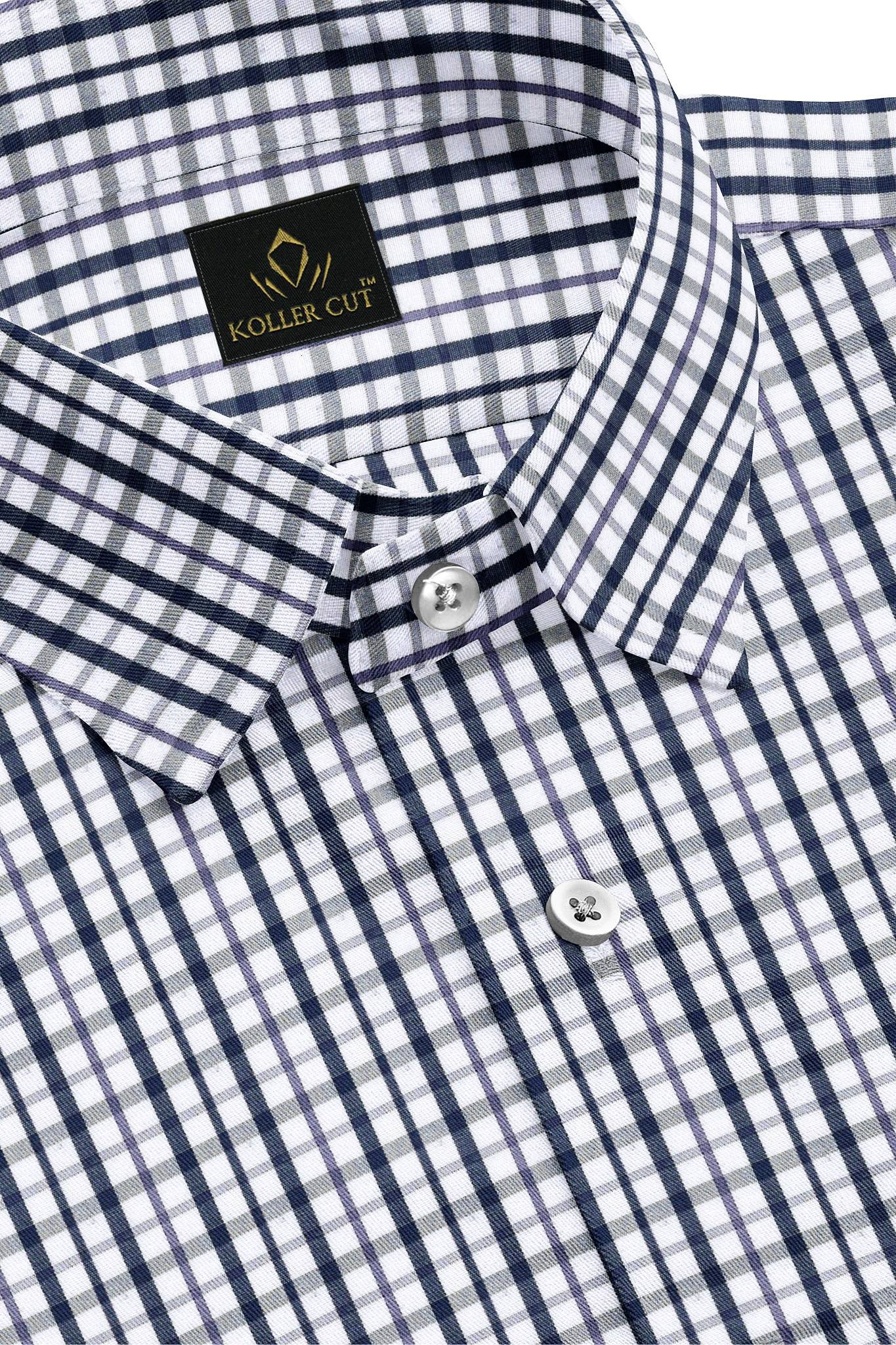 White with Medieval Blue and Pansy Purple Checks Cotton Shirt Office Wear Cotton Shirt Formal Shirts