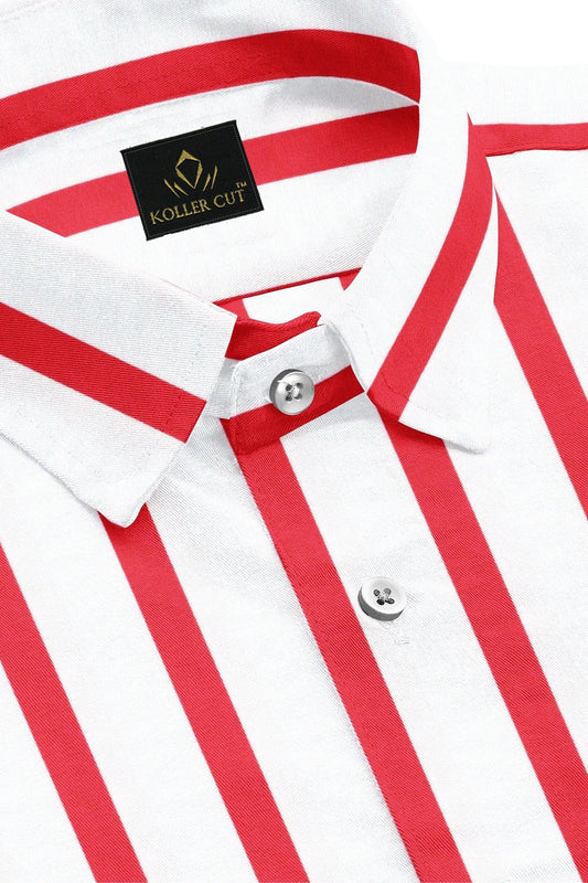 White and Poinsettia Red Chalk Stripes Cotton Shirt