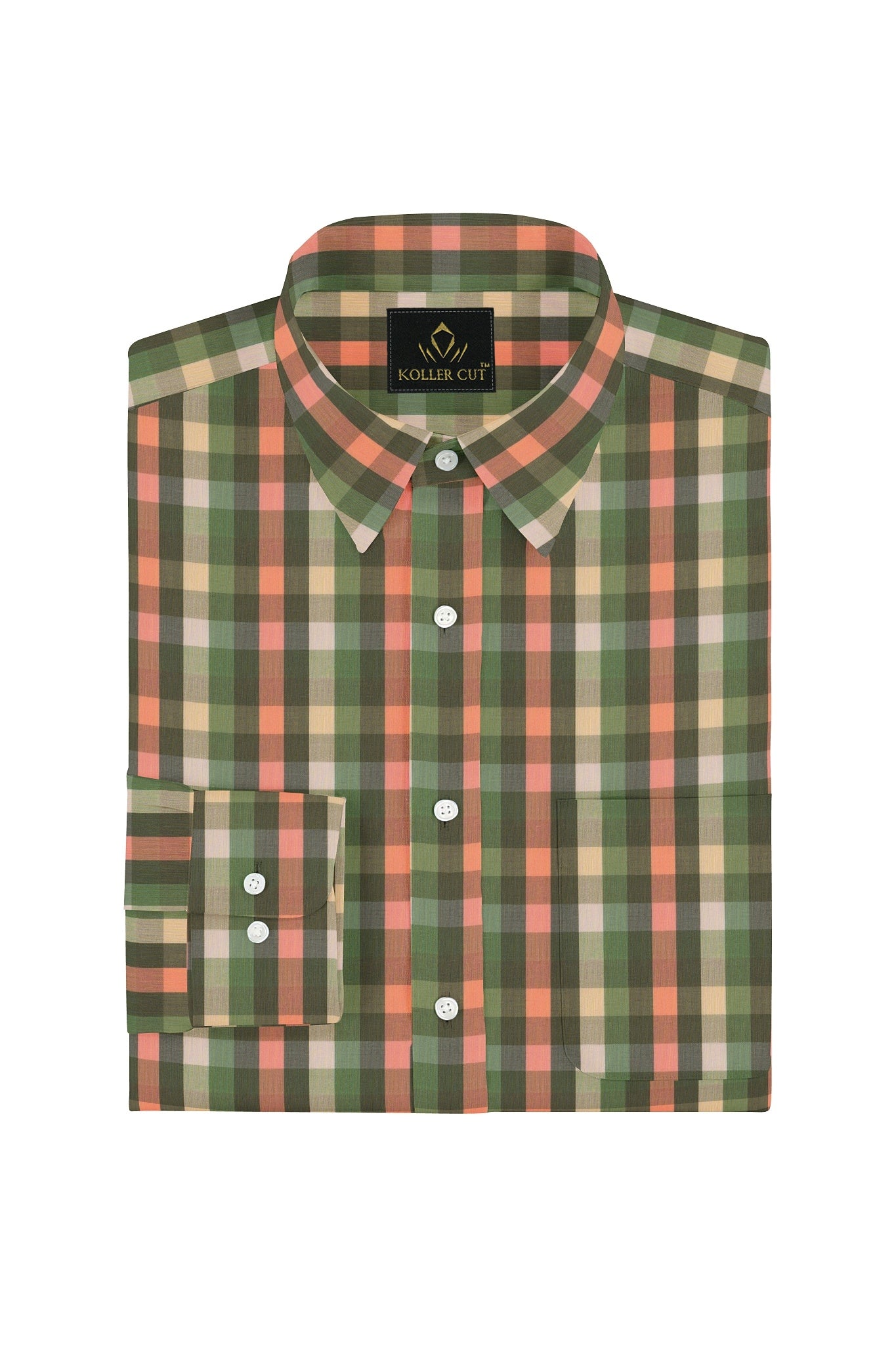 Kollercut-Kale Green with Quartz Peach and Avocado Green Multicolored Checks Cotton Shirt