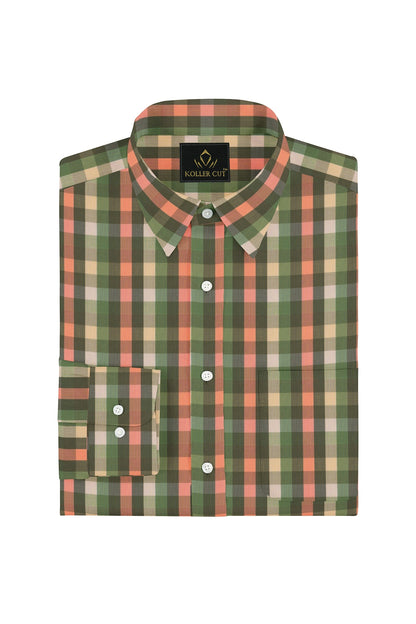 Kollercut-Kale Green with Quartz Peach and Avocado Green Multicolored Checks Cotton Shirt