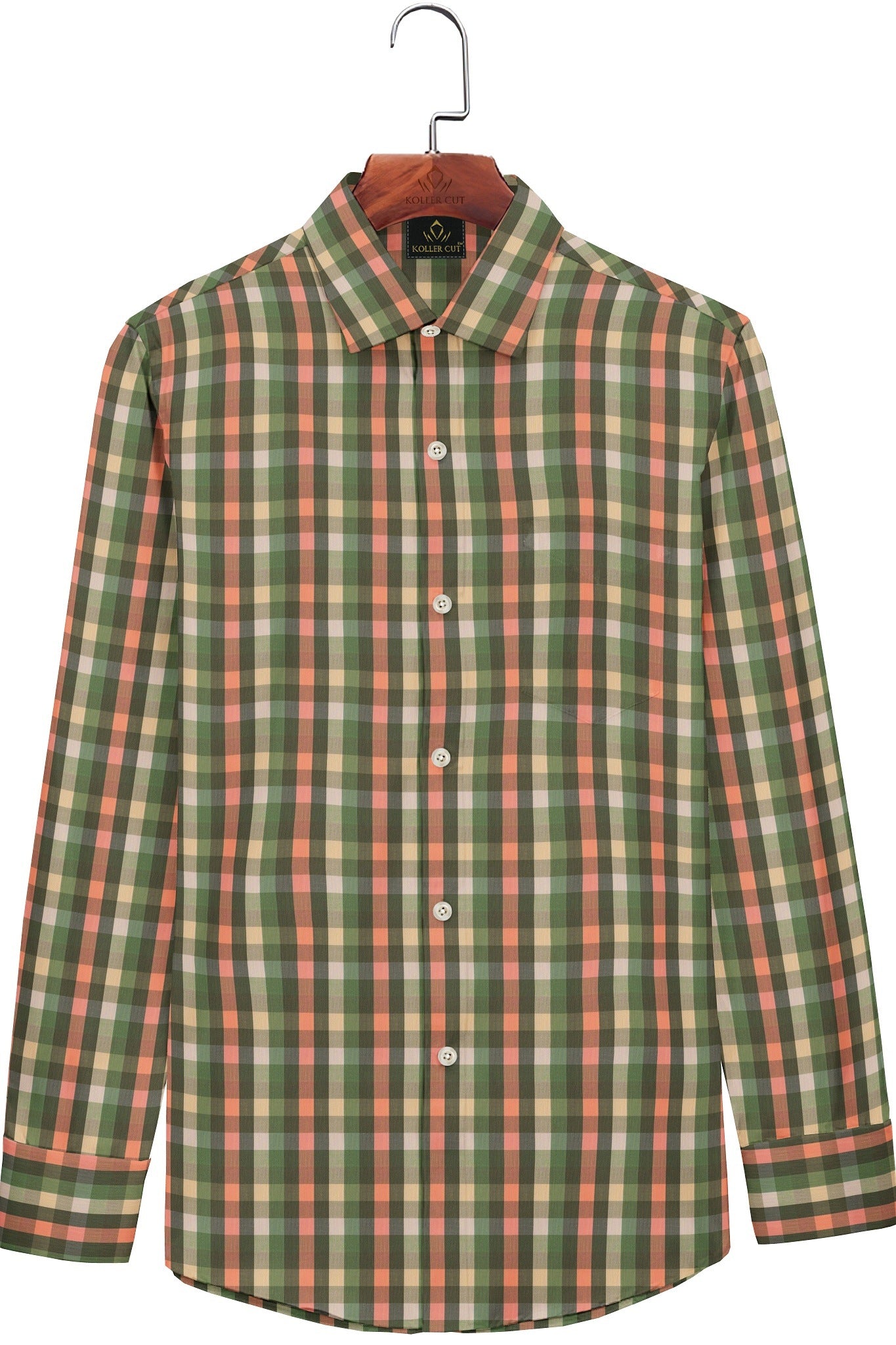 Kollercut-Kale Green with Quartz Peach and Avocado Green Multicolored Checks Cotton Shirt